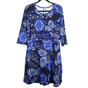 Title Nine Dream Dress 3/4 Sleeve Blue Patchwork Print Zip Pocket Size Large